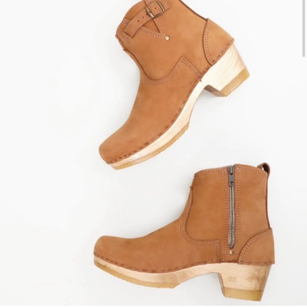 No. 6 Leather Buckle Clog Boot Mid Heel Honey